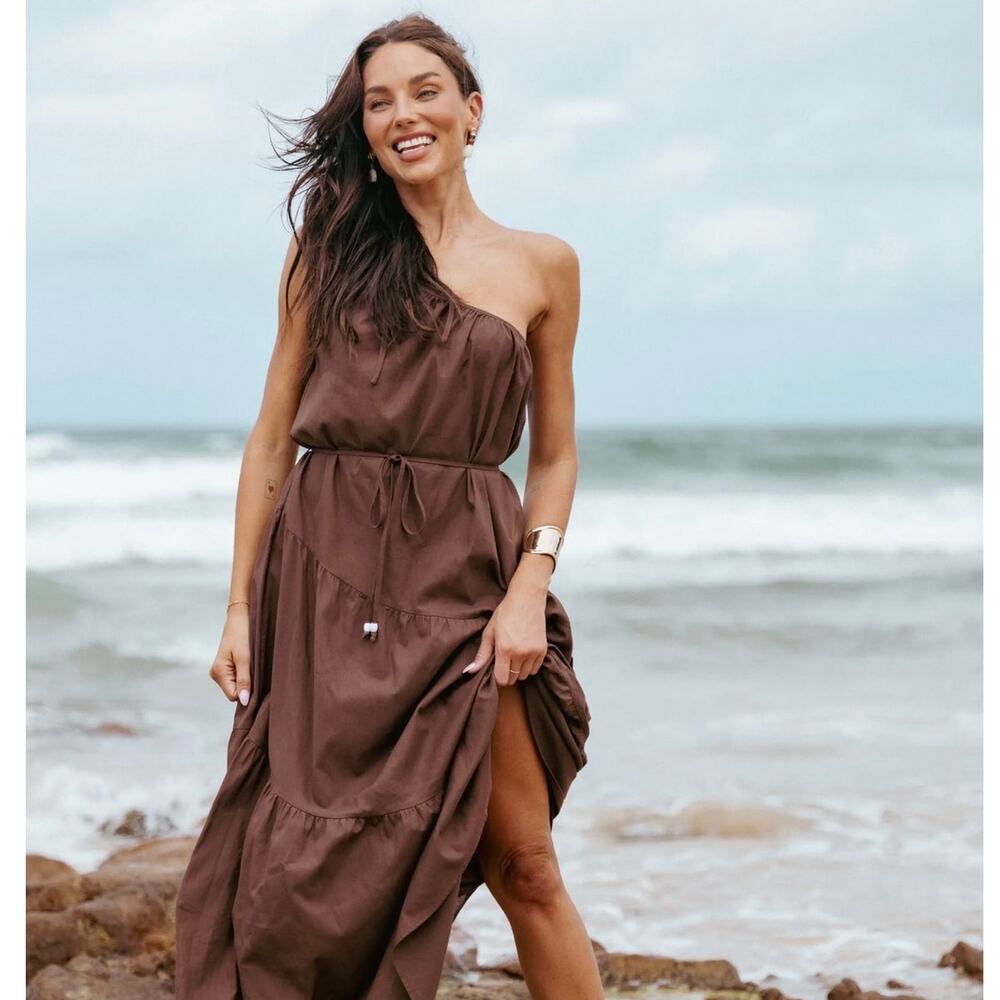 Petal & Pup One-Shoulder Brown Maxi Dress